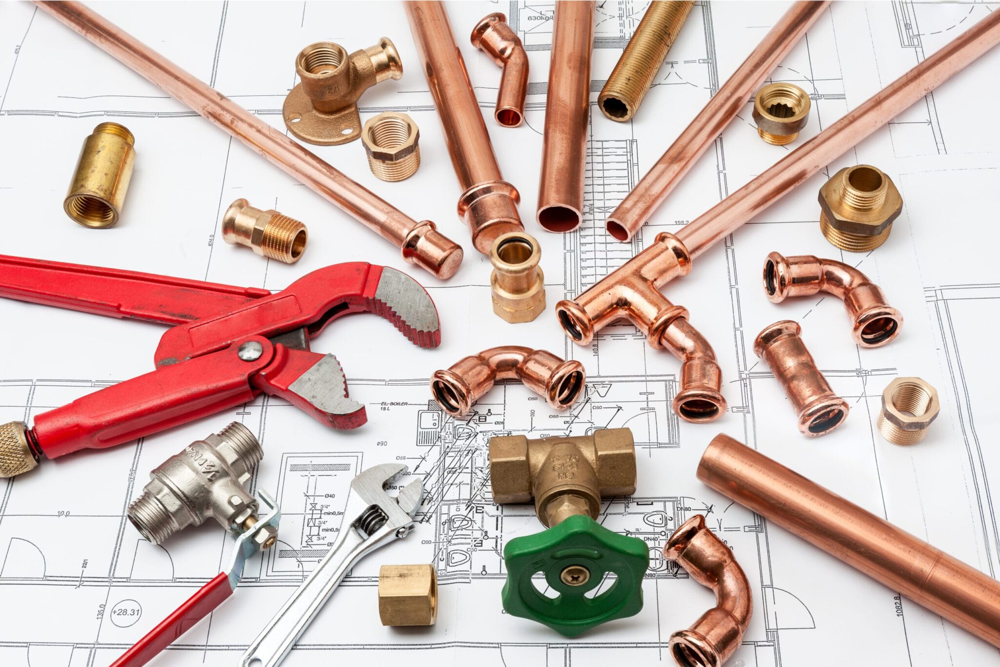 Copper pipes, fittings, valves, and plumbing tools in Johnstown