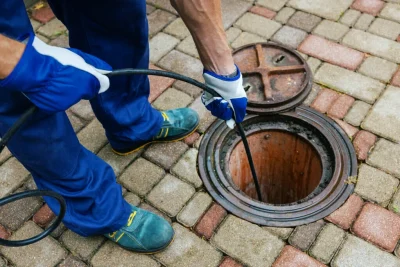 Plumber cleaning an outdoor sewer drain in Johnstown