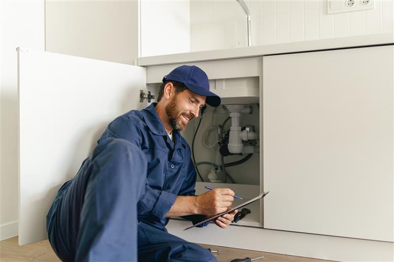 Residential plumber reviewing plumbing repairs in a Johnstown kitchen