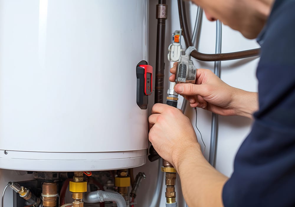 Technician repairing pipes connected to a water heater in Johnstown